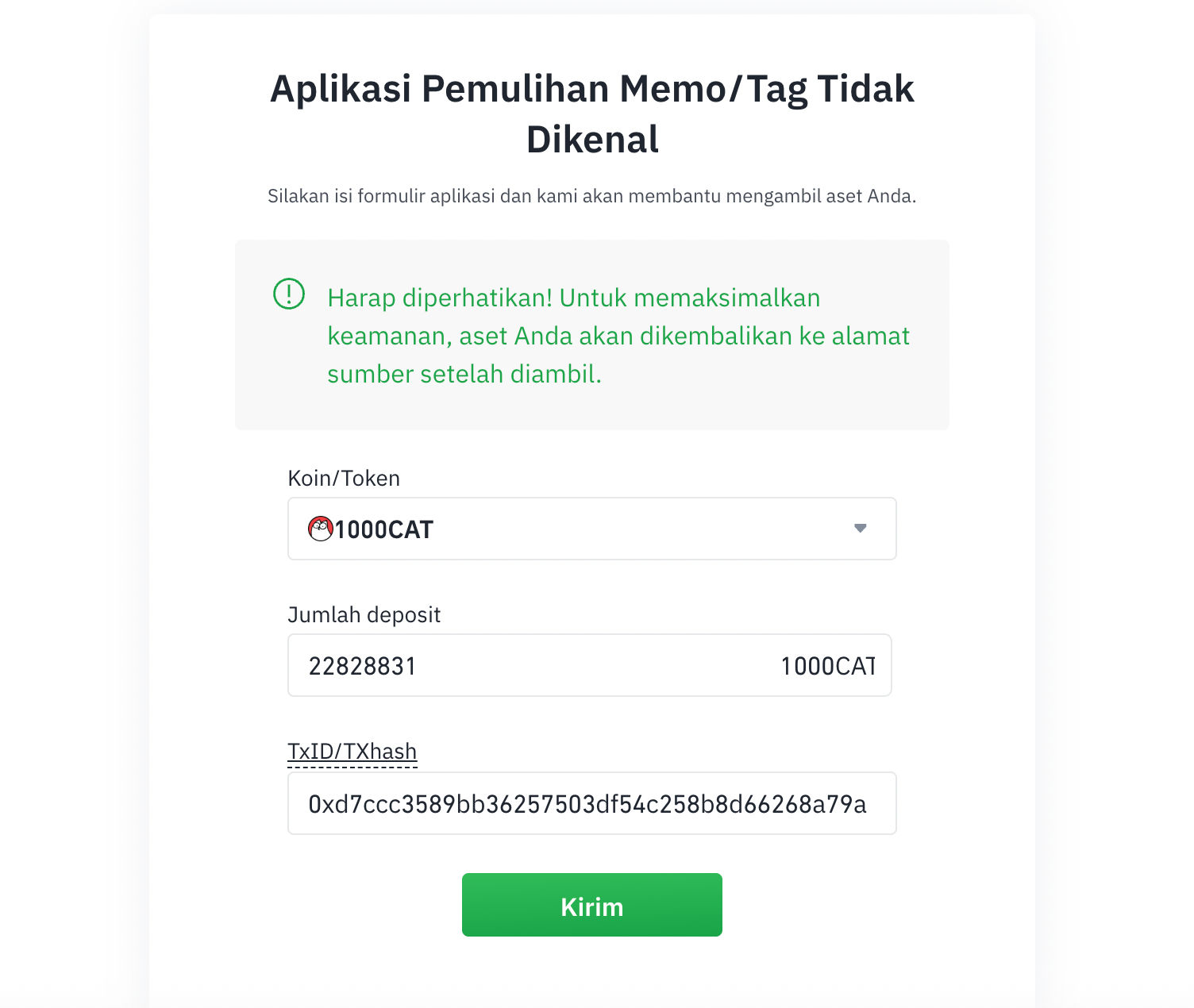 Formulir Pengajuan Pemulihan Setoran Tokocrypto
