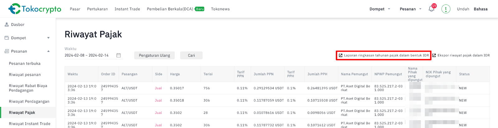 Riwayat potongan pajak Tokocrypto